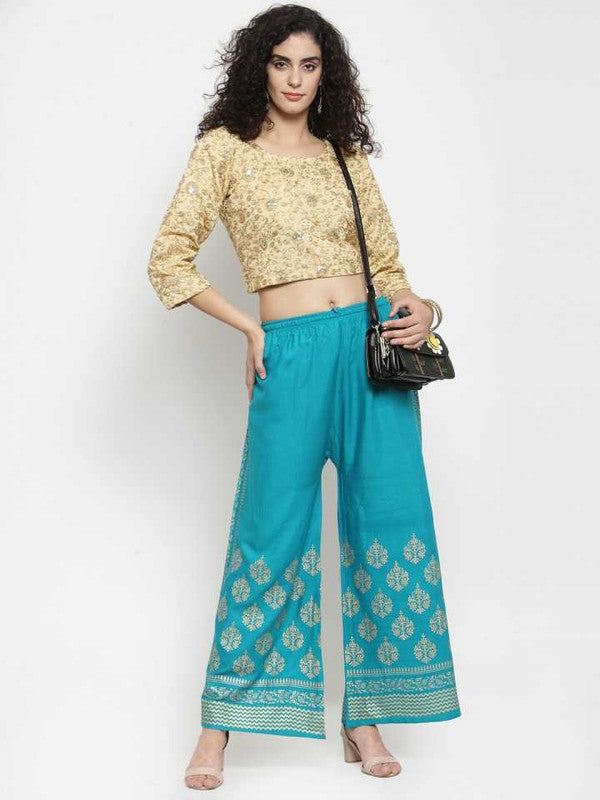 Turquoise Rayon Straight Printed Trouser Palazzo Free Size( 28 to 40 Inch)!!