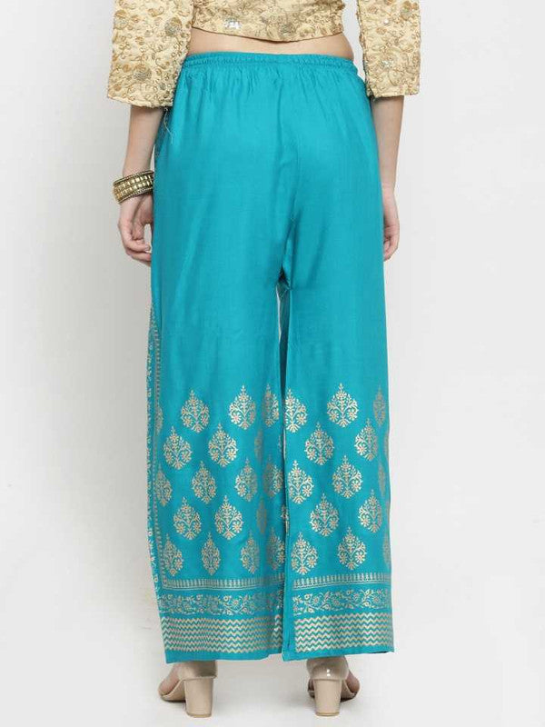 Turquoise Rayon Straight Printed Trouser Palazzo Free Size( 28 to 40 Inch)!!