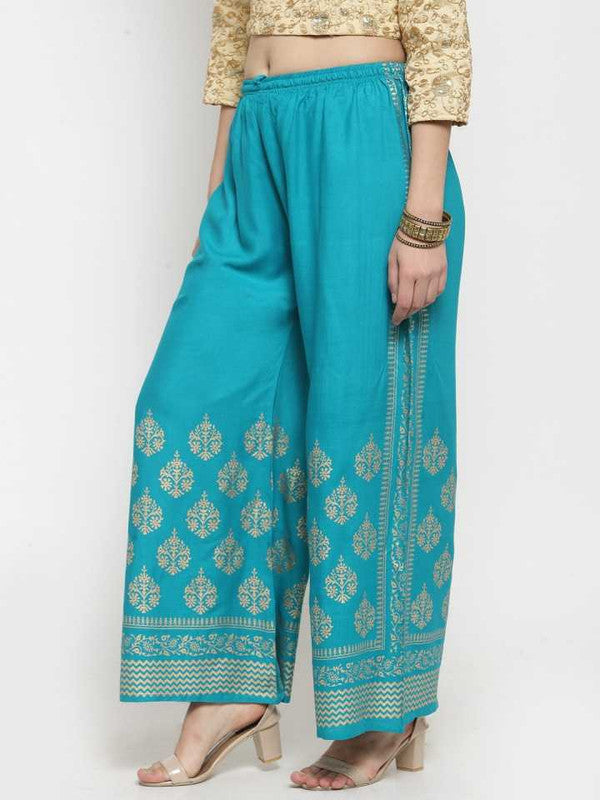 Turquoise Rayon Straight Printed Trouser Palazzo Free Size( 28 to 40 Inch)!!