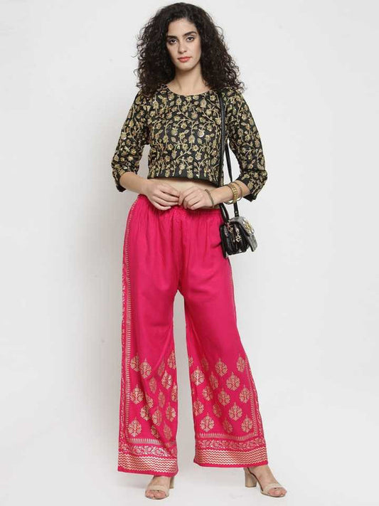 Magenta Rayon Straight Printed Palazzo Free Size( 28 to 40 Inch)!!