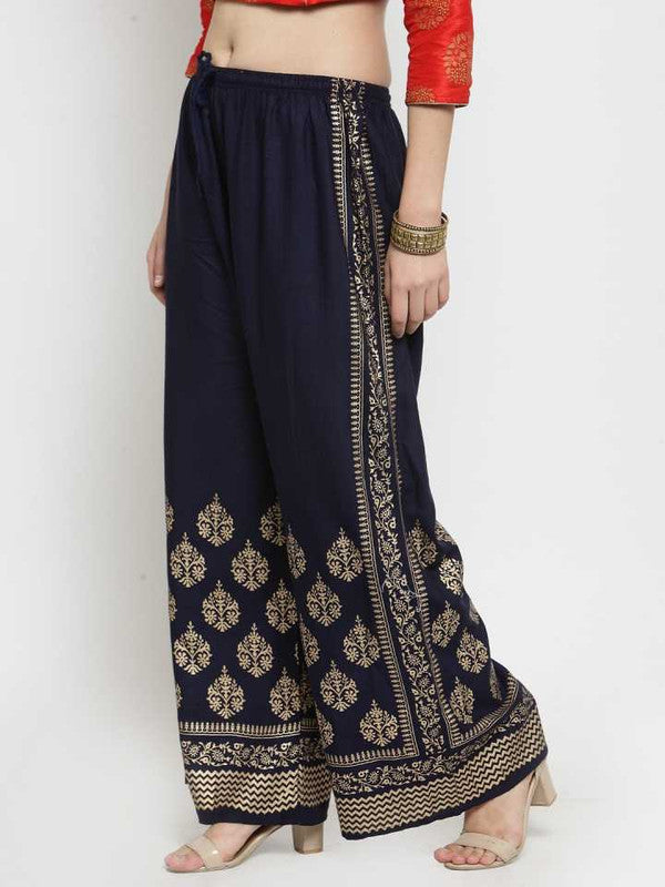Navy Blue Rayon Straight Printed Palazzo Free Size( 28 to 40 Inch)!!