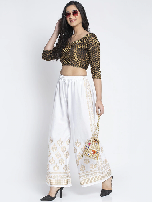 White Rayon Straight Printed Palazzo Free Size( 28 to 40 Inch)!!