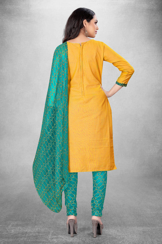 Mustard Yellow Coloured Magic Slub Cotton with Print Work Women Party/Daily wear Dress Material Suit- Top with Bottom & Naznin Dupatta!!