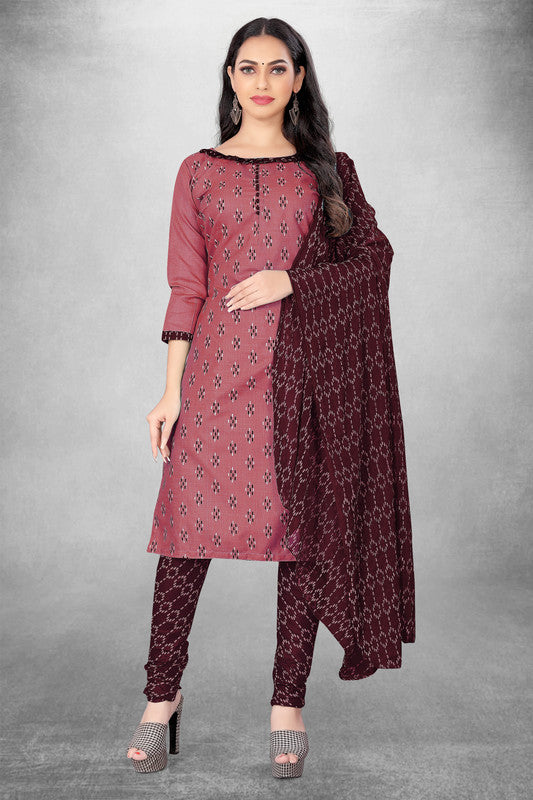 Brown Coloured Magic Slub Cotton with Print Work Women Party/Casual wear Dress Material Suit- Top with Bottom & Naznin Dupatta!!