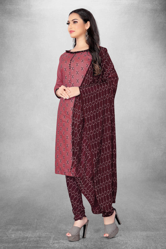 Brown Coloured Magic Slub Cotton with Print Work Women Party/Casual wear Dress Material Suit- Top with Bottom & Naznin Dupatta!!