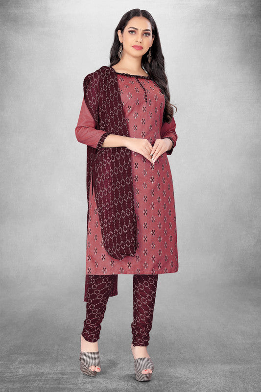 Brown Coloured Magic Slub Cotton with Print Work Women Party/Casual wear Dress Material Suit- Top with Bottom & Naznin Dupatta!!