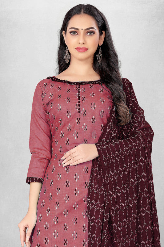 Brown Coloured Magic Slub Cotton with Print Work Women Party/Casual wear Dress Material Suit- Top with Bottom & Naznin Dupatta!!