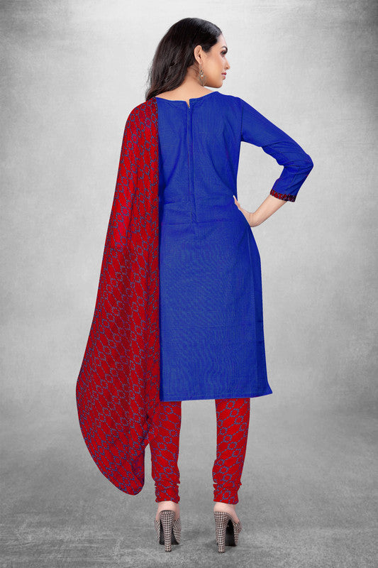 Royal Blue Coloured Magic Slub Cotton with Print Work Women Party/Casual wear Dress Material Suit- Top with Bottom & Naznin Dupatta!!