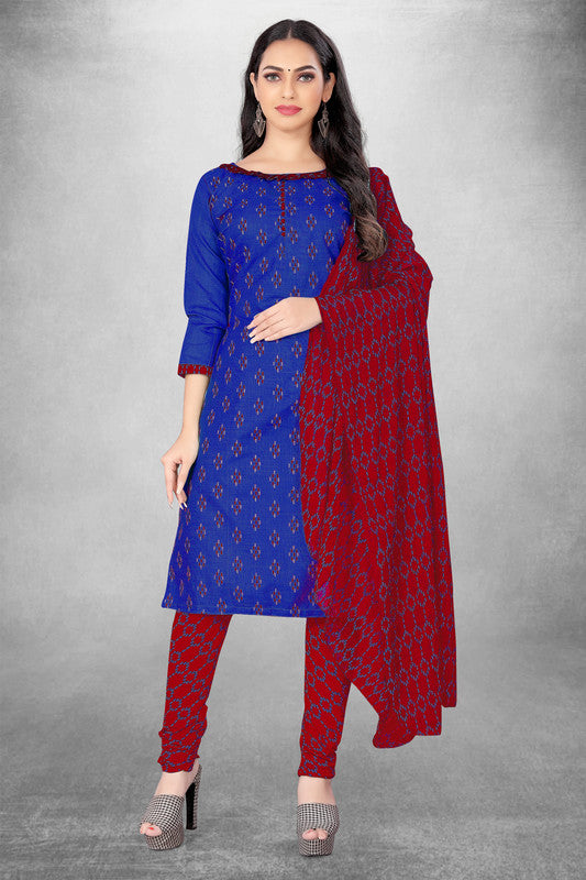 Royal Blue Coloured Magic Slub Cotton with Print Work Women Party/Casual wear Dress Material Suit- Top with Bottom & Naznin Dupatta!!