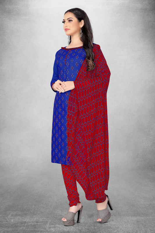 Royal Blue Coloured Magic Slub Cotton with Print Work Women Party/Casual wear Dress Material Suit- Top with Bottom & Naznin Dupatta!!