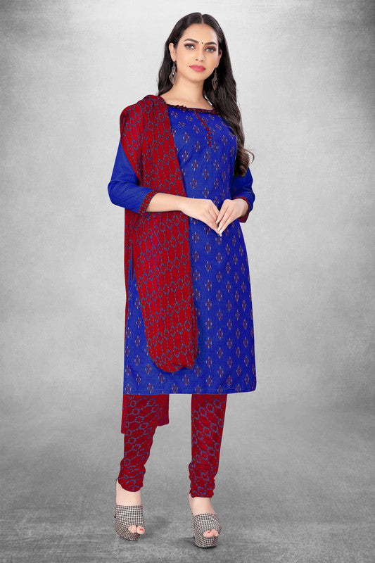 Royal Blue Coloured Magic Slub Cotton with Print Work Women Party/Casual wear Dress Material Suit- Top with Bottom & Naznin Dupatta!!