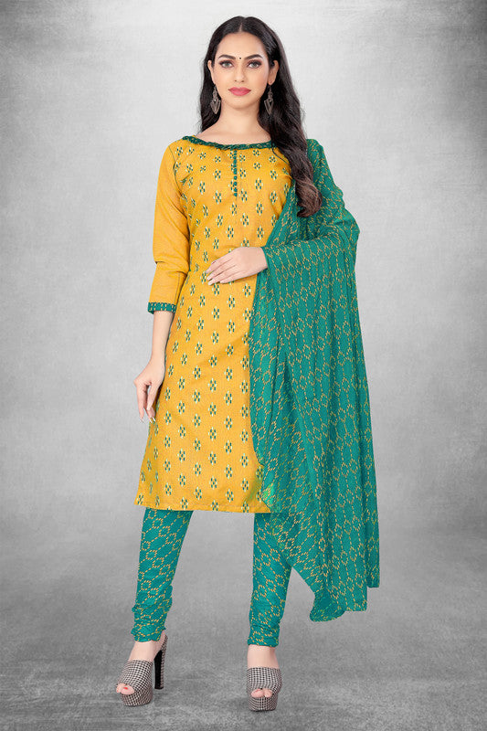 Mustard Yellow Coloured Magic Slub Cotton with Print Work Women Party/Daily wear Dress Material Suit- Top with Bottom & Naznin Dupatta!!