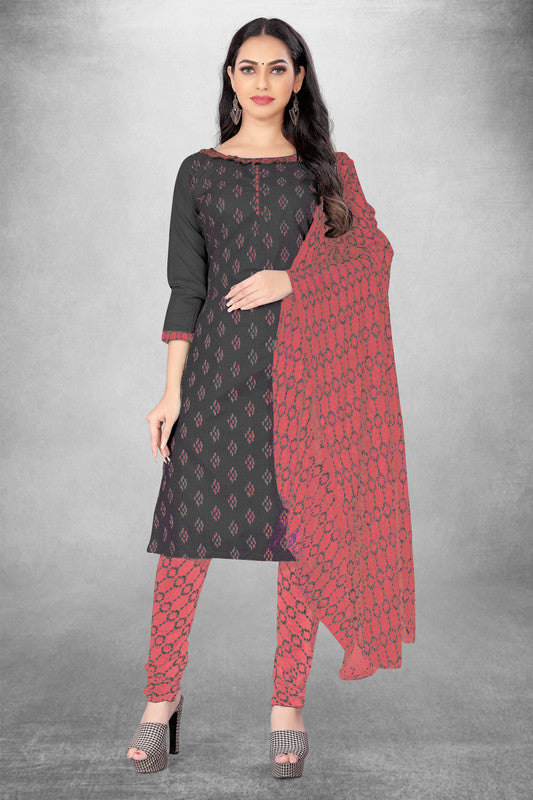 Grey Coloured Magic Slub Cotton with Print Work Women Party/Daily wear Dress Material Suit- Top with Bottom & Naznin Dupatta!!