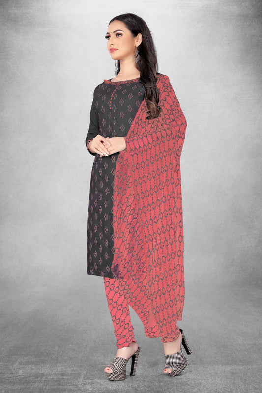 Grey Coloured Magic Slub Cotton with Print Work Women Party/Daily wear Dress Material Suit- Top with Bottom & Naznin Dupatta!!