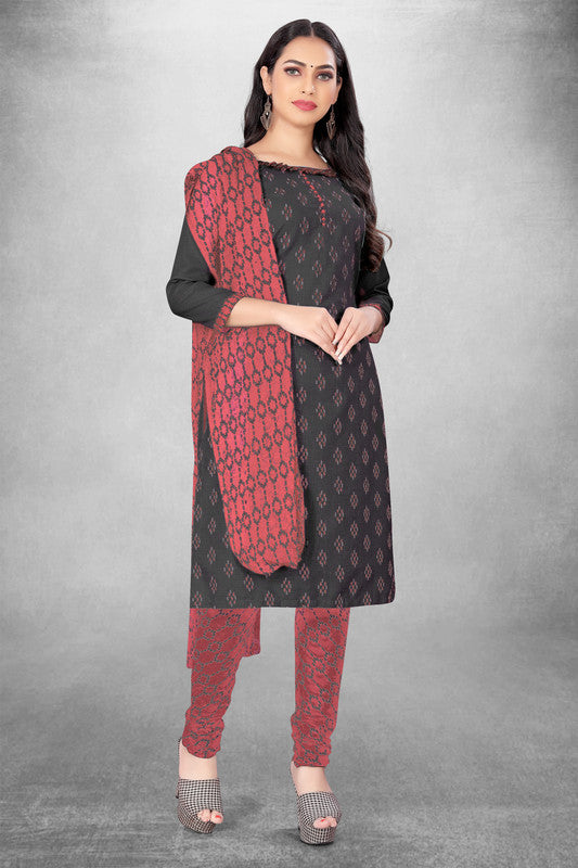 Grey Coloured Magic Slub Cotton with Print Work Women Party/Daily wear Dress Material Suit- Top with Bottom & Naznin Dupatta!!