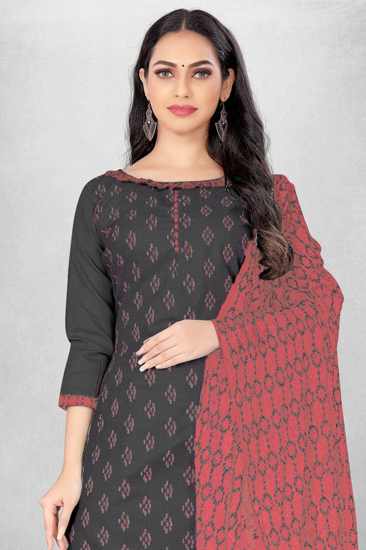 Grey Coloured Magic Slub Cotton with Print Work Women Party/Daily wear Dress Material Suit- Top with Bottom & Naznin Dupatta!!