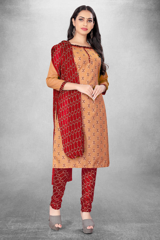 Orange Coloured Magic Slub Cotton with Print Work Women Party/Daily wear Dress Material Suit- Top with Bottom & Naznin Dupatta!!