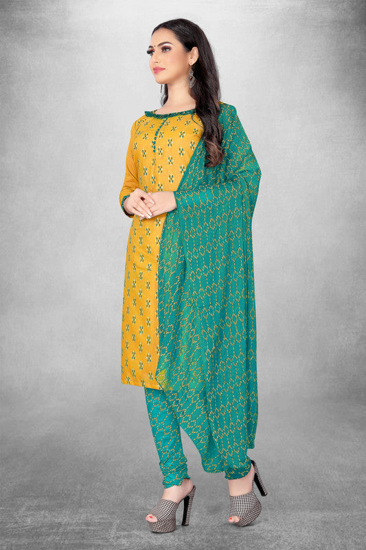 Mustard Yellow Coloured Magic Slub Cotton with Print Work Women Party/Daily wear Dress Material Suit- Top with Bottom & Naznin Dupatta!!