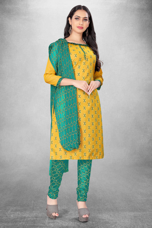 Mustard Yellow Coloured Magic Slub Cotton with Print Work Women Party/Daily wear Dress Material Suit- Top with Bottom & Naznin Dupatta!!