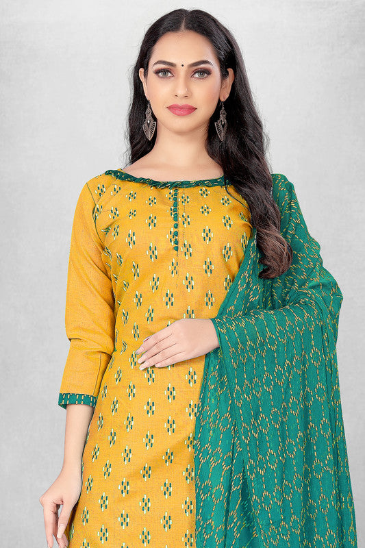 Mustard Yellow Coloured Magic Slub Cotton with Print Work Women Party/Daily wear Dress Material Suit- Top with Bottom & Naznin Dupatta!!