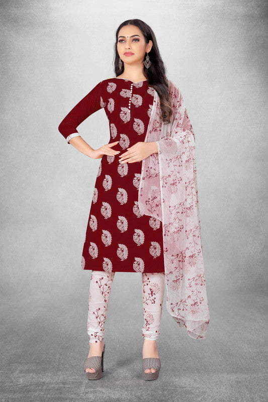 Maroon Coloured Cotton Printed Women Party/Daily wear Dress Material Suit- Top with Bottom & Naznin Dupatta!!