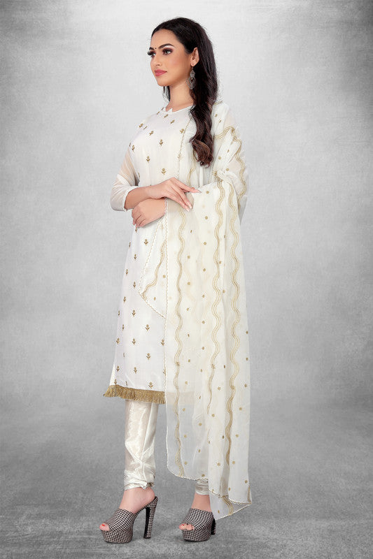 White Coloured Georgette with Embroidery Work Women Party/Daily wear Dress Material Suit- Top with Bottom & Georgette Dupatta!!