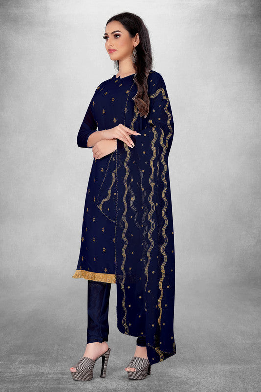 Navy Blue Coloured Georgette with Embroidery Work Women Party/Daily wear Dress Material Suit- Top with Bottom & Georgette Dupatta!!