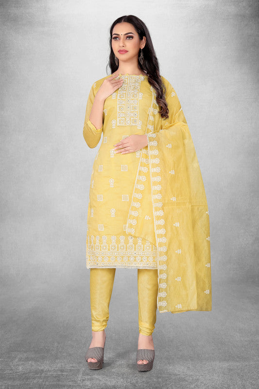 Yellow Coloured Modal Cotton with Embroidery Work Women Party/Casual wear Dress Material Suit- Top with Bottom & Modal Cotton Dupatta!!