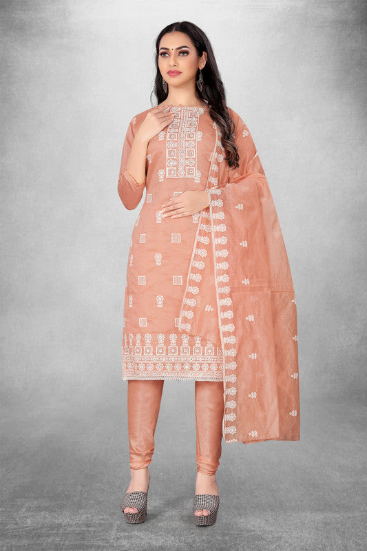 Peach Coloured Modal Cotton with Embroidery Work Women Party/Casual wear Dress Material Suit- Top with Bottom & Modal Cotton Dupatta!!