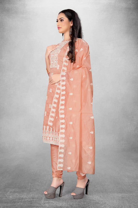 Peach Coloured Modal Cotton with Embroidery Work Women Party/Casual wear Dress Material Suit- Top with Bottom & Modal Cotton Dupatta!!