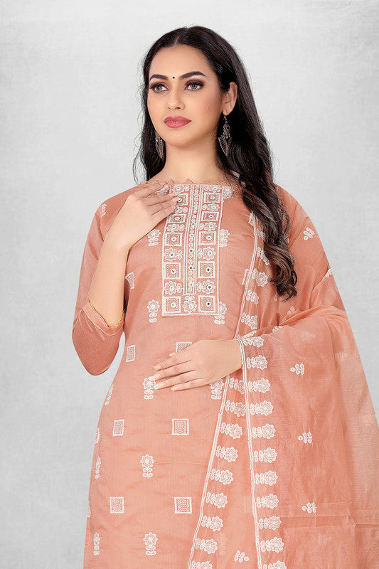 Peach Coloured Modal Cotton with Embroidery Work Women Party/Casual wear Dress Material Suit- Top with Bottom & Modal Cotton Dupatta!!