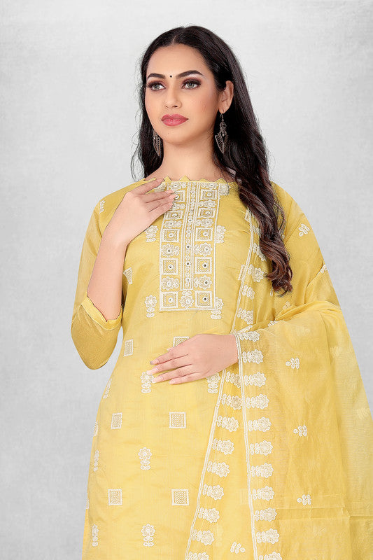 Yellow Coloured Modal Cotton with Embroidery Work Women Party/Casual wear Dress Material Suit- Top with Bottom & Modal Cotton Dupatta!!