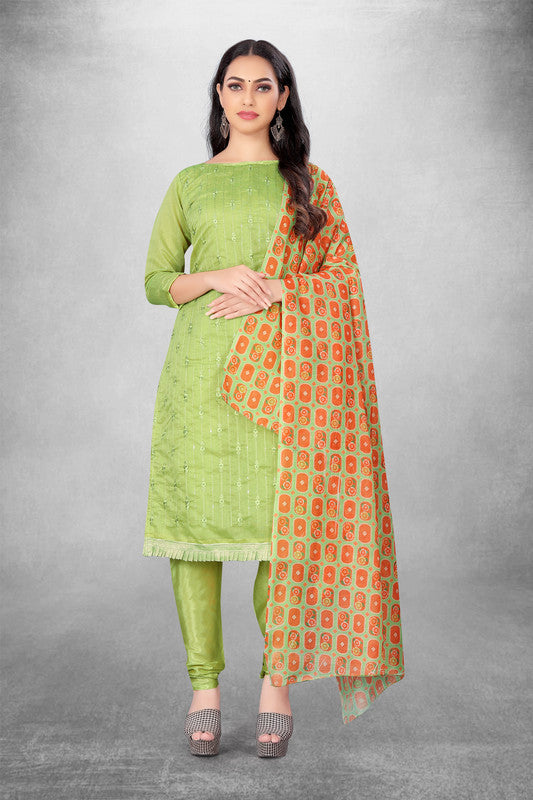 Parrot Green Coloured Modal Cotton with Embroidery Work Women Party/Casual wear Dress Material Suit- Top with Bottom & Modal Cotton Dupatta!!