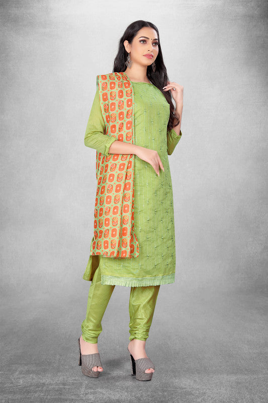 Parrot Green Coloured Modal Cotton with Embroidery Work Women Party/Casual wear Dress Material Suit- Top with Bottom & Modal Cotton Dupatta!!