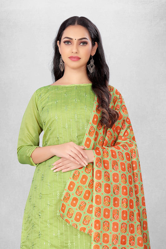 Parrot Green Coloured Modal Cotton with Embroidery Work Women Party/Casual wear Dress Material Suit- Top with Bottom & Modal Cotton Dupatta!!