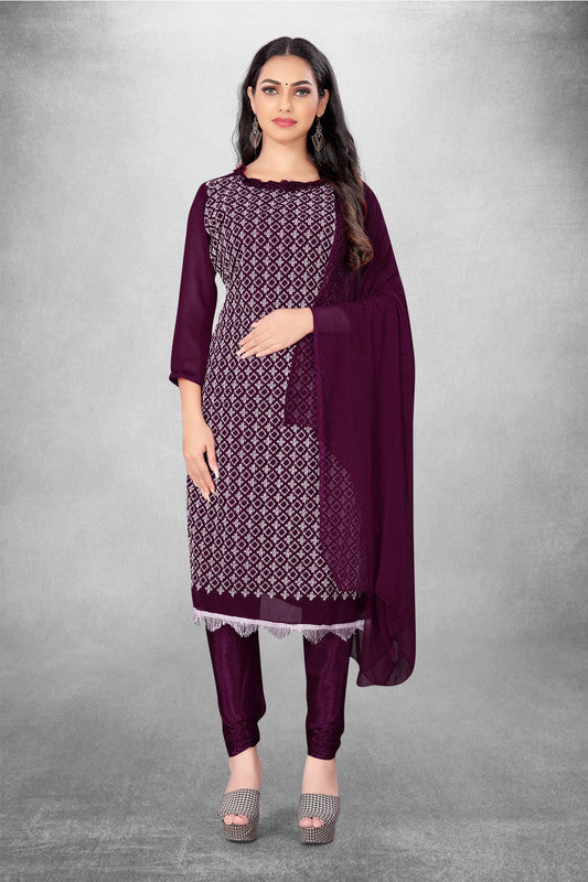 Wine Coloured Georgette with Embroidery Work Women Party/Daily wear Dress Material Suit- Top with Bottom & Naznin Dupatta!!