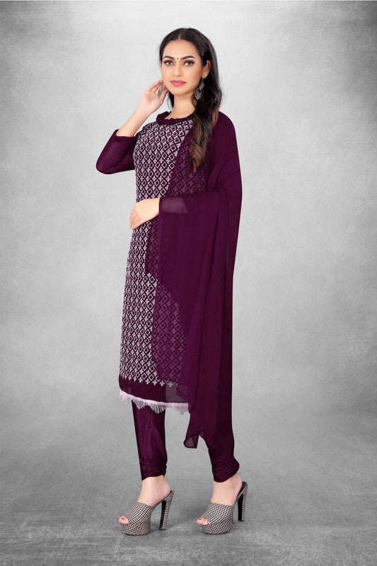 Wine Coloured Georgette with Embroidery Work Women Party/Daily wear Dress Material Suit- Top with Bottom & Naznin Dupatta!!