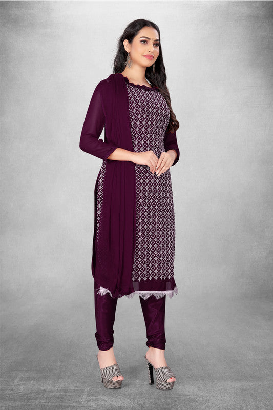 Wine Coloured Georgette with Embroidery Work Women Party/Daily wear Dress Material Suit- Top with Bottom & Naznin Dupatta!!