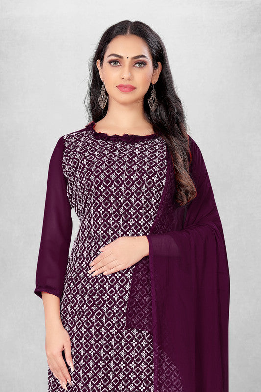 Wine Coloured Georgette with Embroidery Work Women Party/Daily wear Dress Material Suit- Top with Bottom & Naznin Dupatta!!