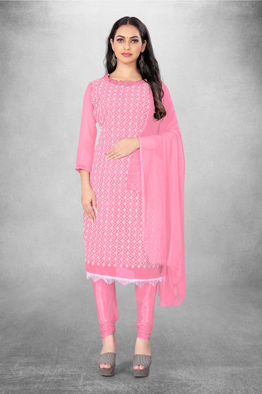 Pink Coloured Georgette with Embroidery Work Women Party/Daily wear Dress Material Suit- Top with Bottom & Naznin Dupatta!!