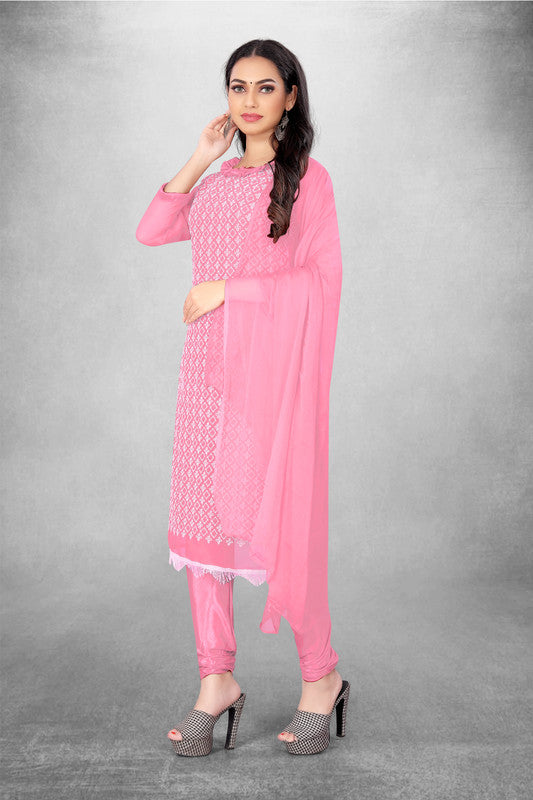 Pink Coloured Georgette with Embroidery Work Women Party/Daily wear Dress Material Suit- Top with Bottom & Naznin Dupatta!!