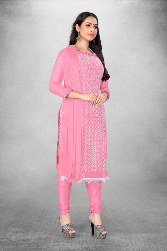 Pink Coloured Georgette with Embroidery Work Women Party/Daily wear Dress Material Suit- Top with Bottom & Naznin Dupatta!!