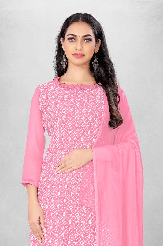 Pink Coloured Georgette with Embroidery Work Women Party/Daily wear Dress Material Suit- Top with Bottom & Naznin Dupatta!!