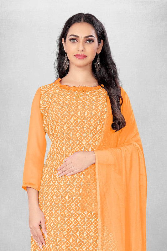 Orange Coloured Georgette with Embroidery Work Women Party/Daily wear Dress Material Suit- Top with Bottom & Naznin Dupatta!!