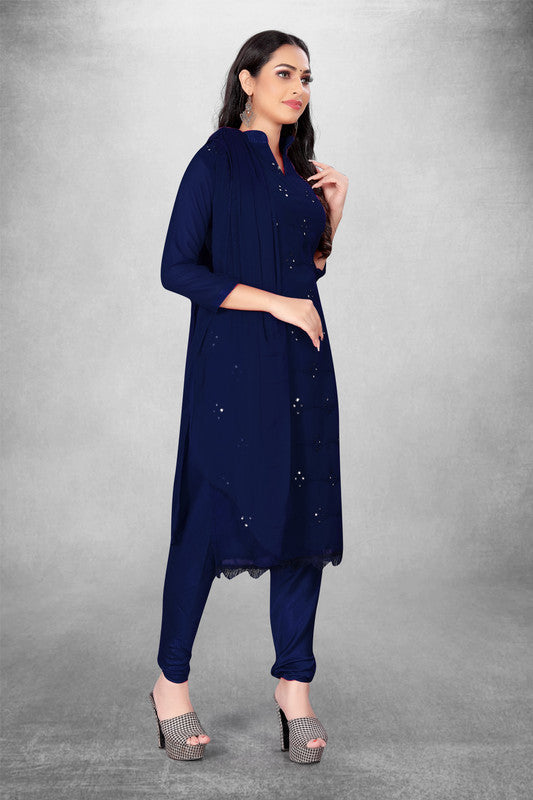 Navy Blue Coloured Georgette with Embroidery Work Women Party/Daily wear Dress Material Suit- Top with Bottom & Naznin Dupatta!!