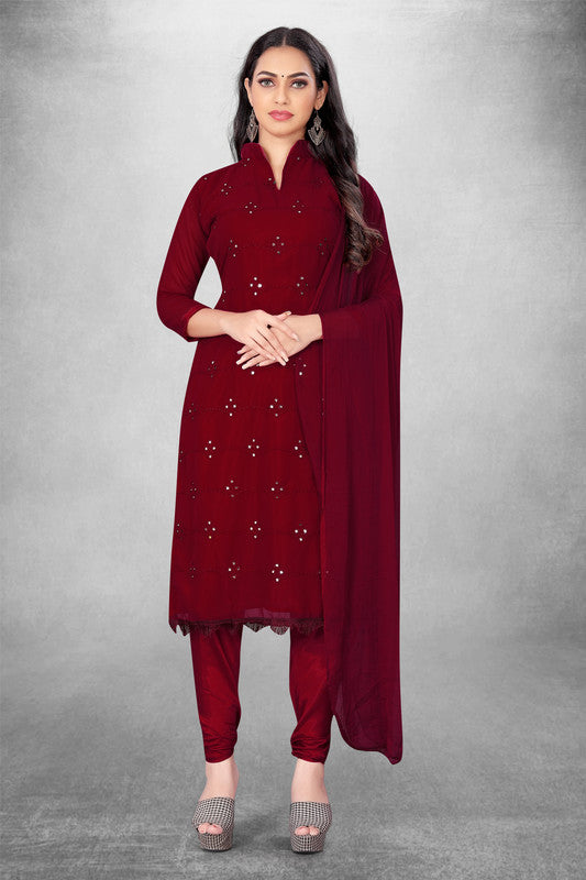 Maroon Coloured Georgette with Embroidery Work Women Party/Daily wear Dress Material Suit- Top with Bottom & Naznin Dupatta!!