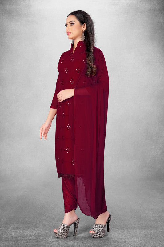 Maroon Coloured Georgette with Embroidery Work Women Party/Daily wear Dress Material Suit- Top with Bottom & Naznin Dupatta!!