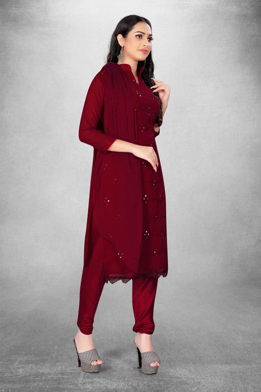 Maroon Coloured Georgette with Embroidery Work Women Party/Daily wear Dress Material Suit- Top with Bottom & Naznin Dupatta!!