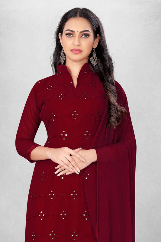 Maroon Coloured Georgette with Embroidery Work Women Party/Daily wear Dress Material Suit- Top with Bottom & Naznin Dupatta!!