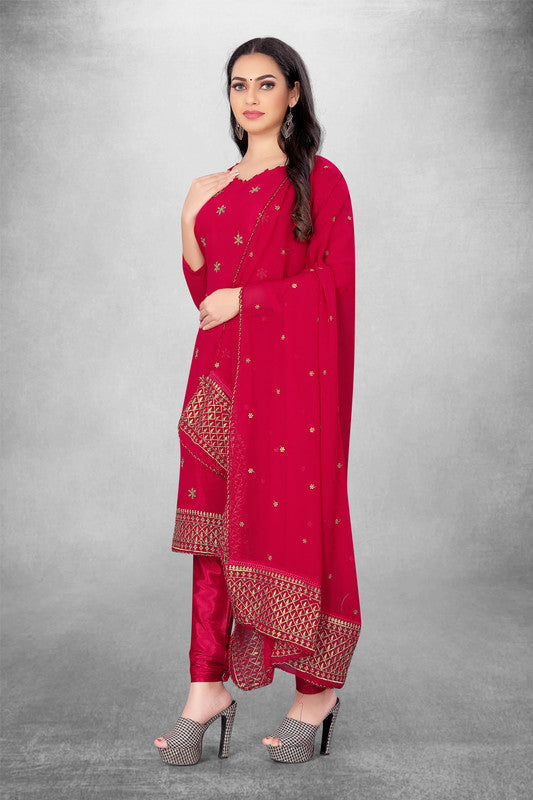 Red Coloured Georgette with Embroidery Work Women Party/Casual wear Dress Material Suit- Top with Bottom & Georgette Dupatta!!